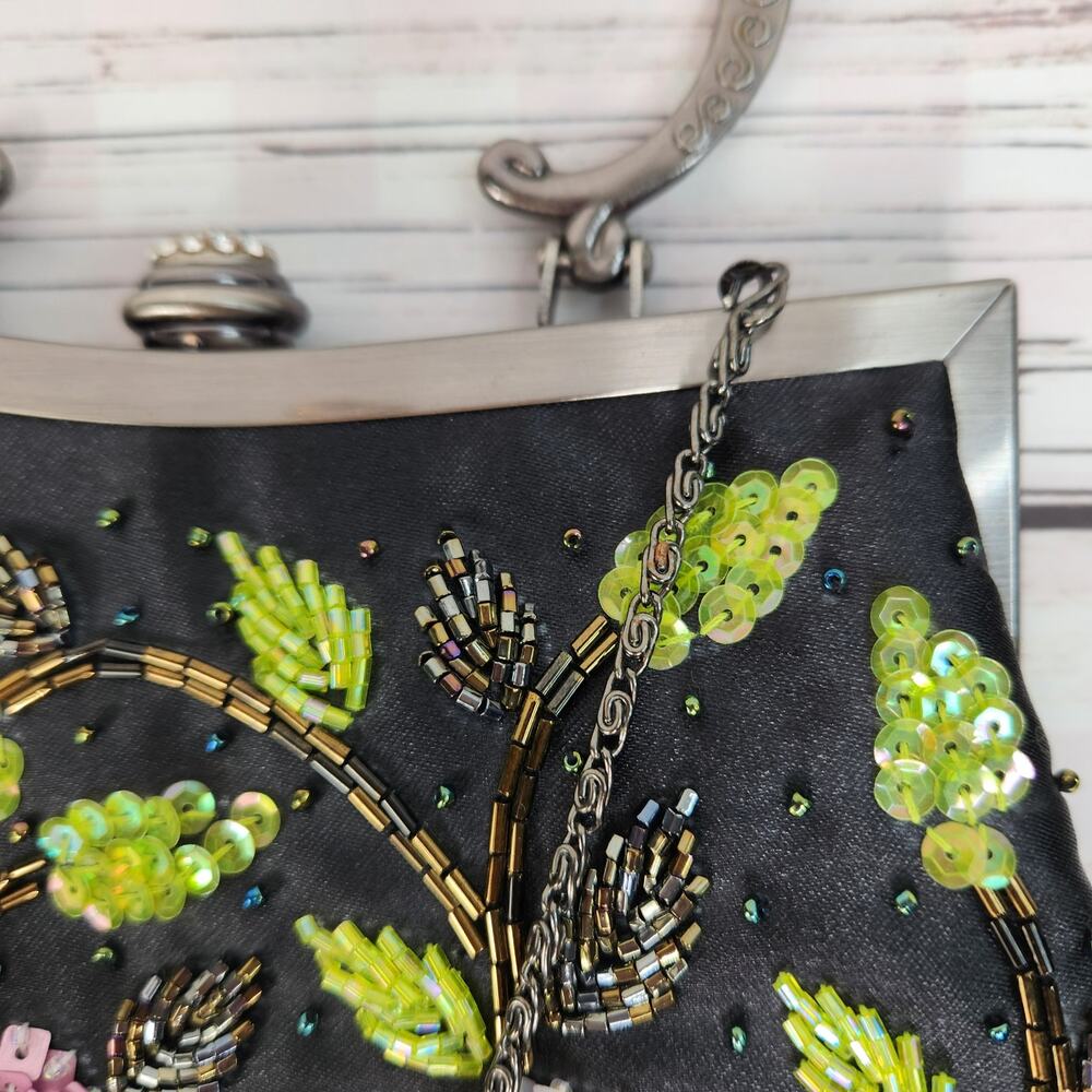 CEM Vintage Black Sequins Silver Handle Purse Mini Bag Floral - Picture 8 of 8
